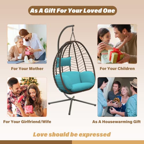 ALAULM Egg Swing Chair Outdoor Indoor Wicker Rattan Hanging Chair with Stand 350lbs Capacity w/Strong Frame & Blue Cushions for Patio Balcony Bedroom