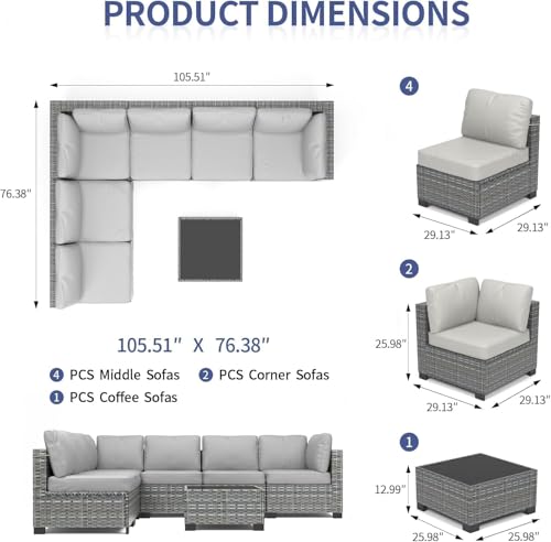 6 Piece Outdoor Patio Furniture Set with Coffee Table, Rattan Deck Conversation Sofa Set
