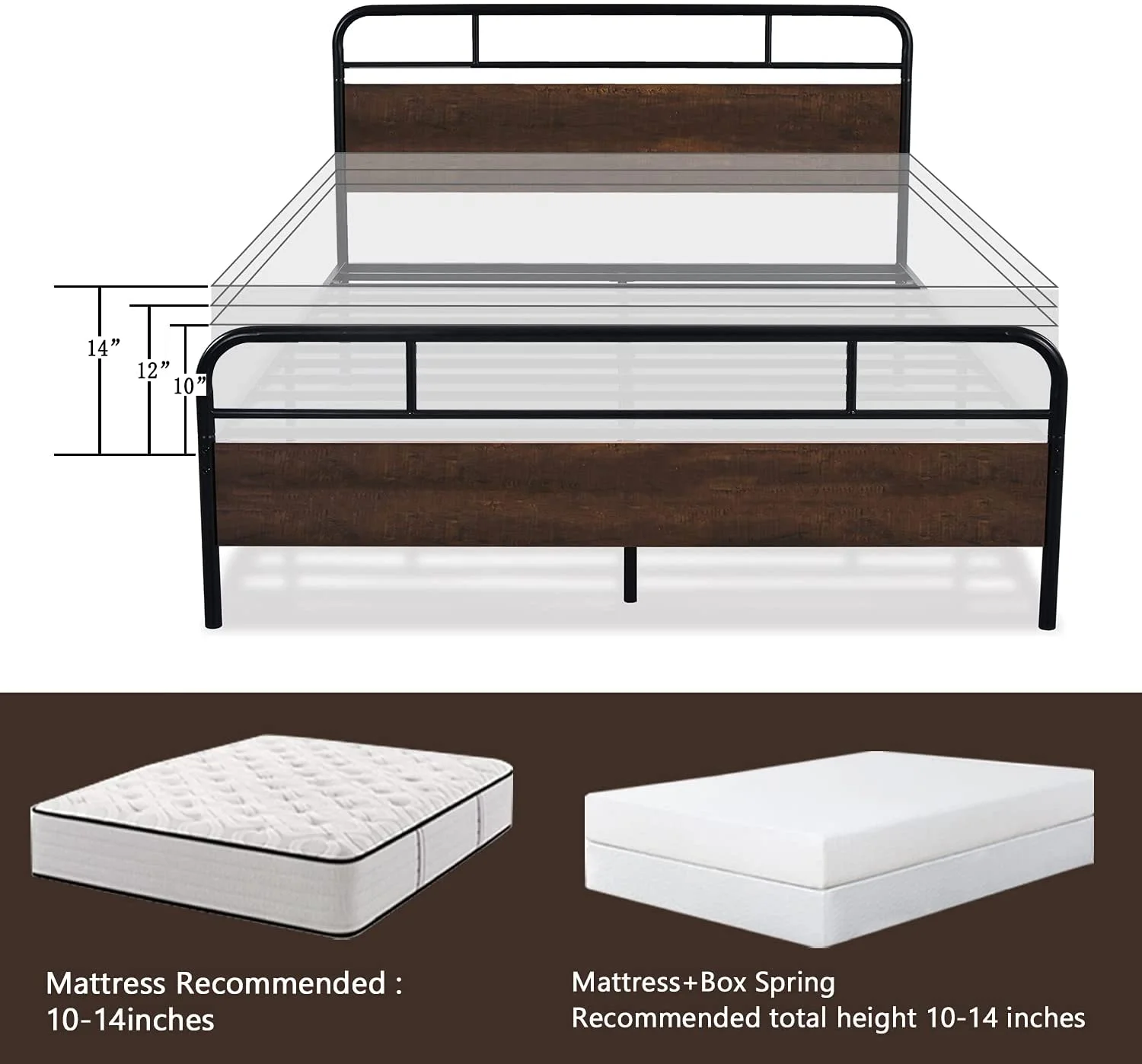 Sha Cerlin Dark Brown Queen Size Metal Platform Bed Frame with Industrial Heavy Duty Wooden Headboard