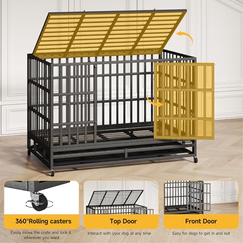 48 Inch Heavy Duty Dog Crate – Indestructible Steel Cage for Large Dogs, Double Door High Anxiety Cage with Removable Tray & Locking Wheels