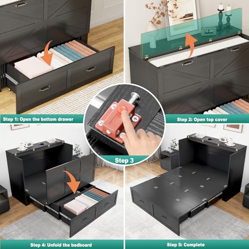 Full Size Murphy Chest Bed with Drawer and Charging Station, Farmhouse Wood Space-Saving Hidden Folding Bed Chest