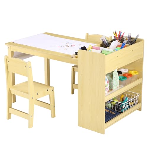 Kids Art Table with 2 Chairs, Toddler Craft Play Wood Activity Desk with Large Storage Shelves for Writing Drawing,Nursery