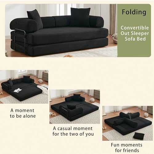 Convertible Sleeper Sofa Bed with Cylindrical Pillow, Corduroy Folding Mattress Couch with Fixed-Shape Frame