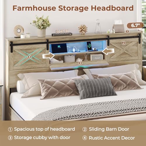 Hasuit Farmhouse Bed Frame California King Size with Storage Bookcase Headboard, Wooden Cal King Bed with LED Lights, Charging Station, 2 Drawers