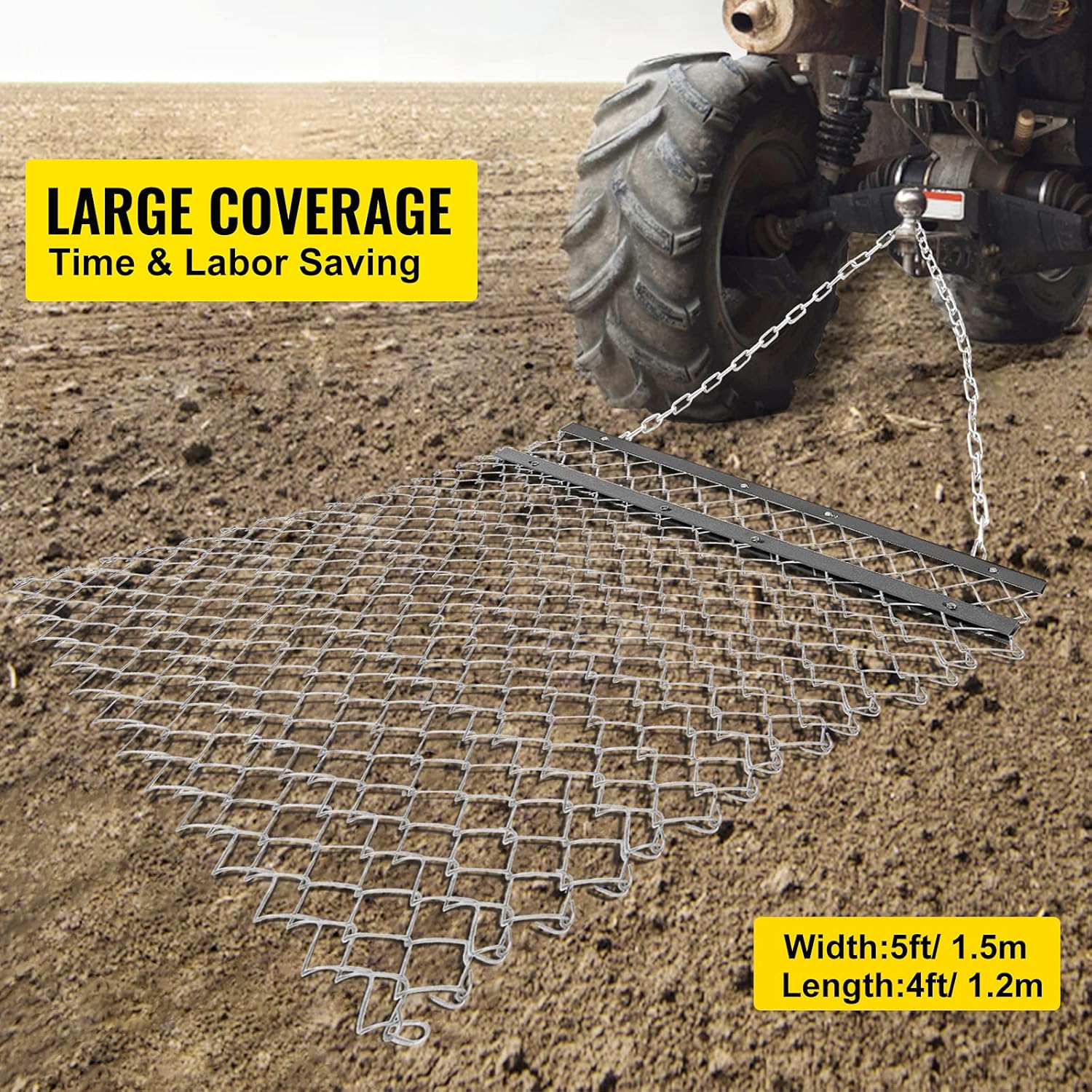 VEVOR Drag Harrow, 4' x 5' ATV Chain Harrow, UTV Tractor Attachments Field Drag Mat for Landscape Leveling or Sod Prepping