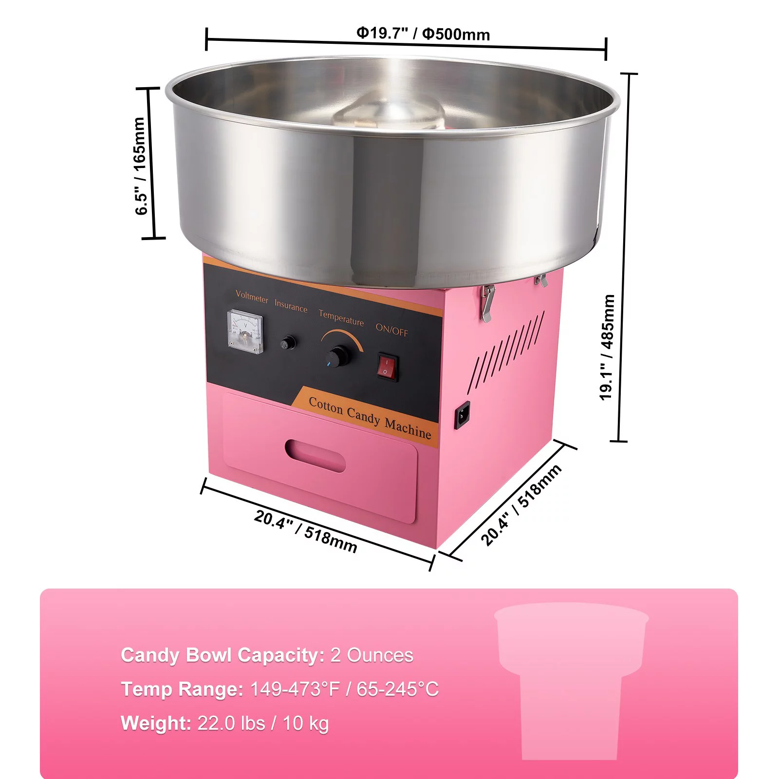 BENTISM Cotton Candy Machine Maker 21 Inch Stainless Steel Bowl