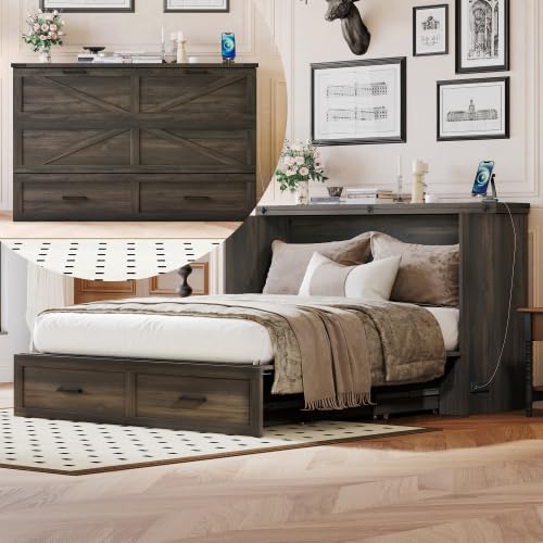 Queen Size Murphy Bed Cabinet with Charging Station, Farmhouse Murphy Bed with Large Storage Drawer, Foldable Wall Beds for Home Office, Small Room