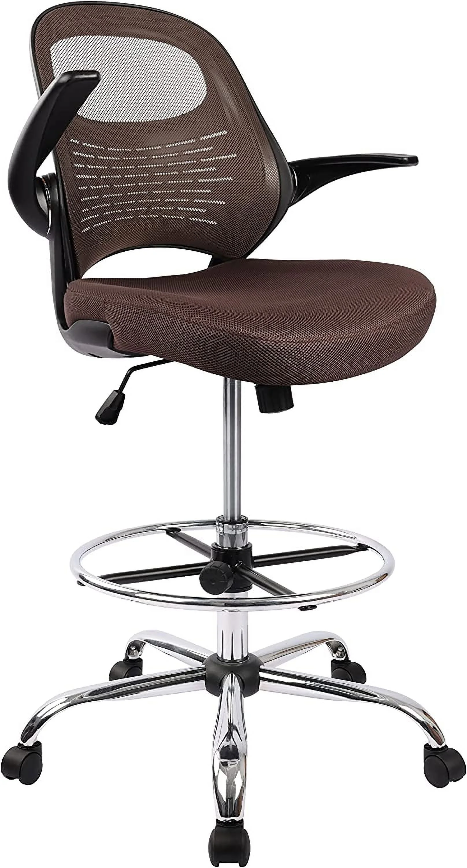Drafting Chair, Tall Office Chair for Standing Desk, Brown Mesh Drafting Desk Chair with Flip-Up Arms, Adjustable Height and Foot Ring