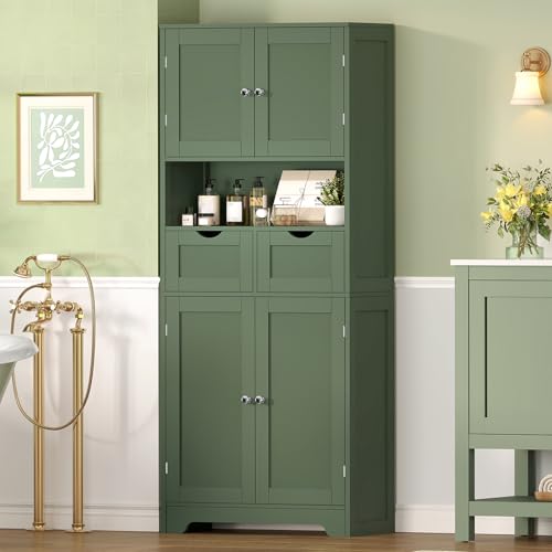 57.8“H Tall Bathroom Cabinet, Storage Cabinet with 2 Drawers & 2 Adjustable Shelves, Bathroom Storage Cabinet with 4 Doors