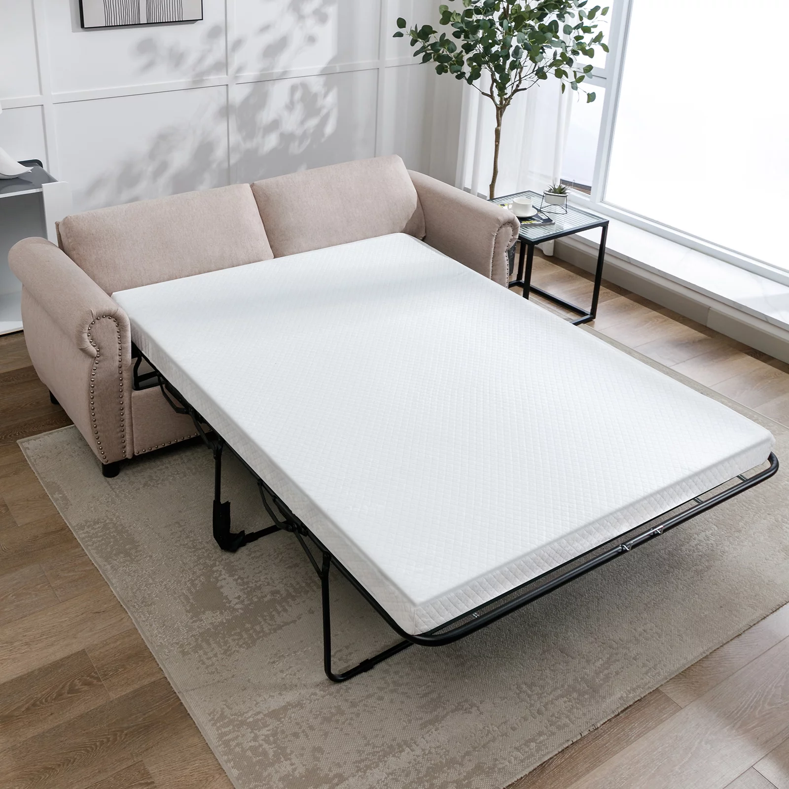 ZAFLY 2-in-1 Queen Size Pull Out Sofa Bed | Convertible Loveseat with Mattress | Sleeper Sofa Couch for Living Room/Apartment, Beige