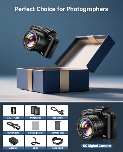 8K Digital Cameras for Photography - Autofocus 88MP WiFi Vlogging Camera for YouTube with Dual-Lens - 16X Digital Zoom Vlog Camera with Lens Hood