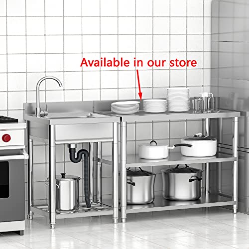 Free Standing Stainless-Steel Single Bowl Commercial Restaurant Kitchen Sink Set w/Faucet, Prep & Utility Washing Hand Basin w/Storage Shelve