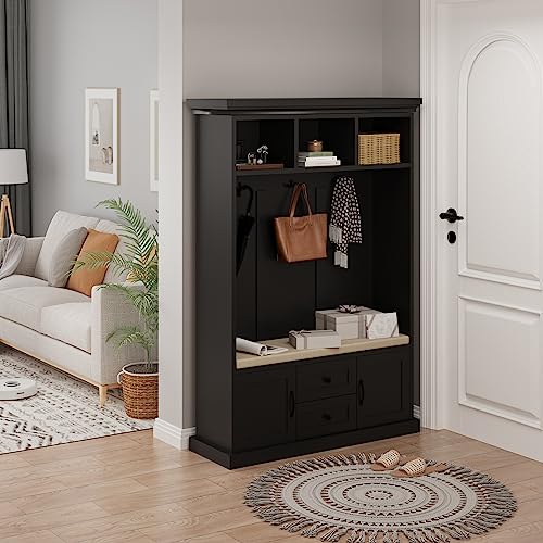70.9 Inch Black Hall Tree, 3 in 1 Farmhouse Mudroom Bench with Storage and 4 Hooks, Wood Entryway Coat Rack Shoe Bench