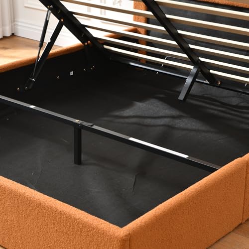 VELOCAVA Queen Size Lift-Up Storage Bed, Upholstered Boucle Bed with Curved Headboard, Rounded Corners, Sturdy Wooden Slat Support