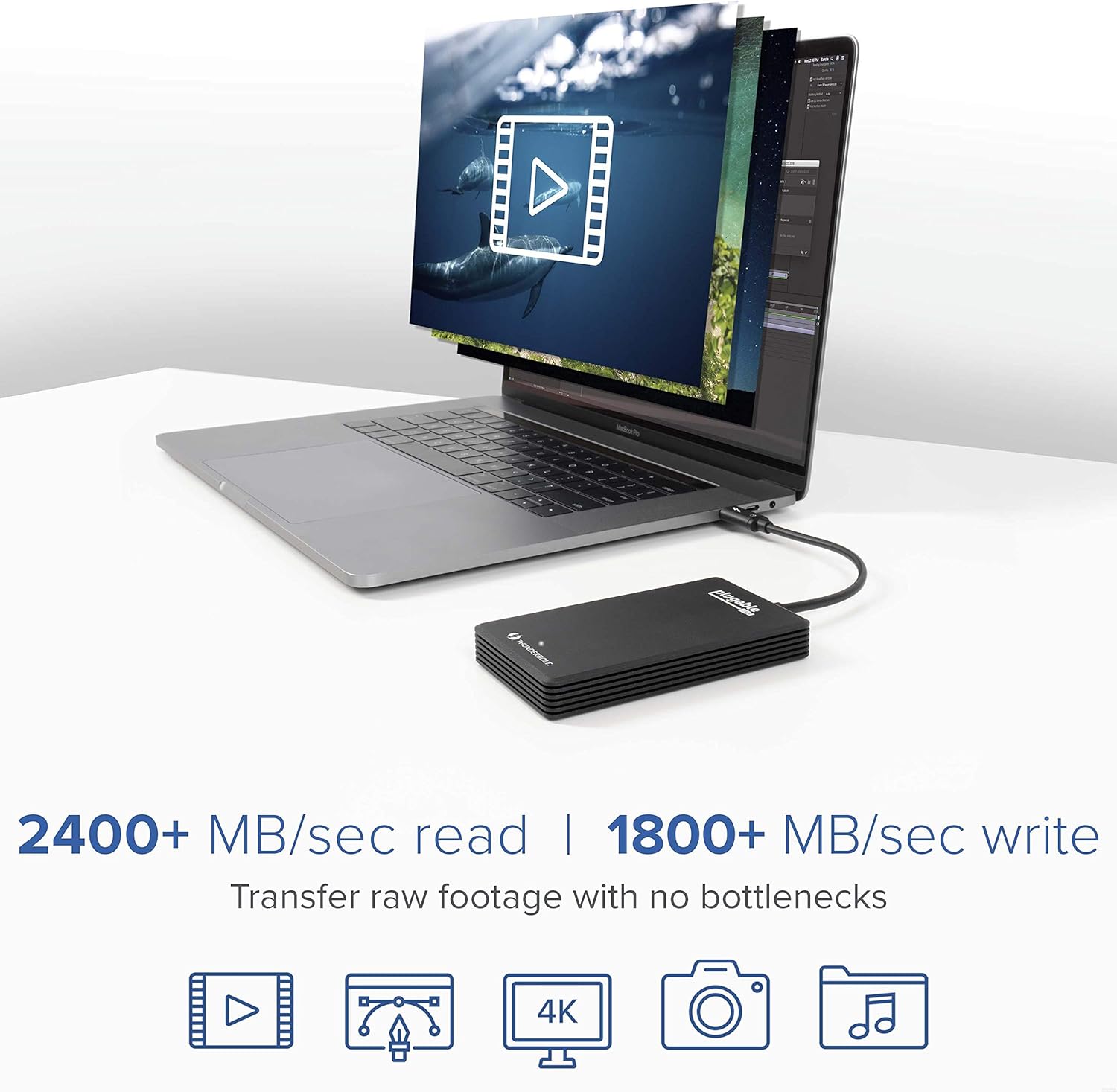 Plugable 2TB Thunderbolt 3 External SSD NVMe Drive (Up to 2400MBs/1800MBs R/W)