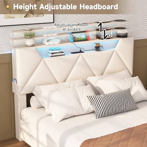 Vabches Queen Bed Frame with Storage Headboard and 4 Drawers,Upholstered Platform with Charging Station and Led Lights,Adjustable Headboard