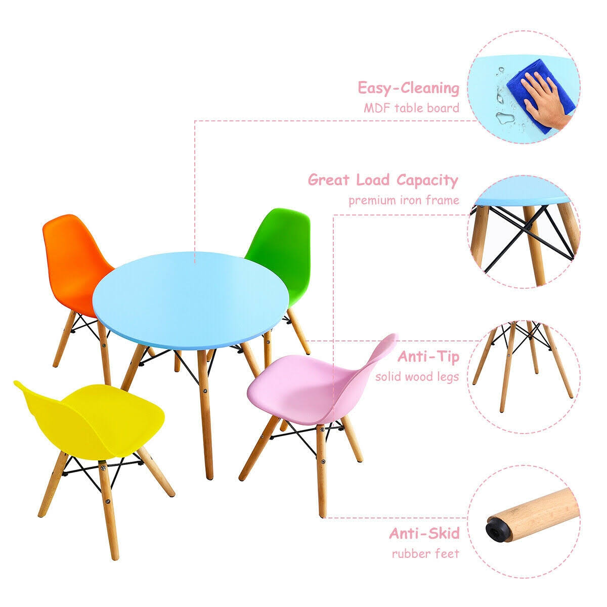 5 Piece Kids Colorful Set with 4 Armless Chairs