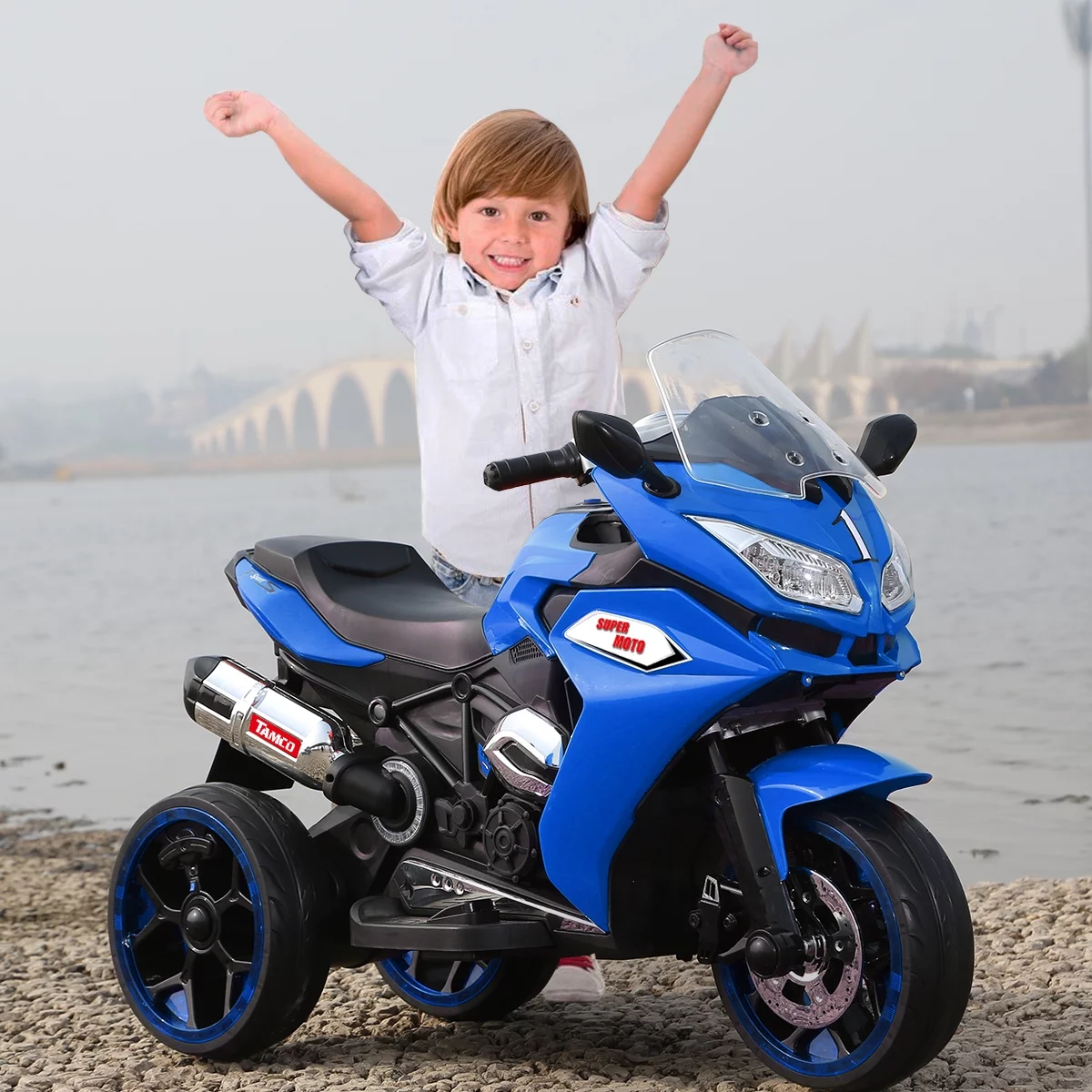 LightingGo 12V Kids Electric Motorcycle, 3 Wheels Ride on Motorcycle Toys, Children Battery Motor Bikes Rechargeable with MP3, Music,Blue