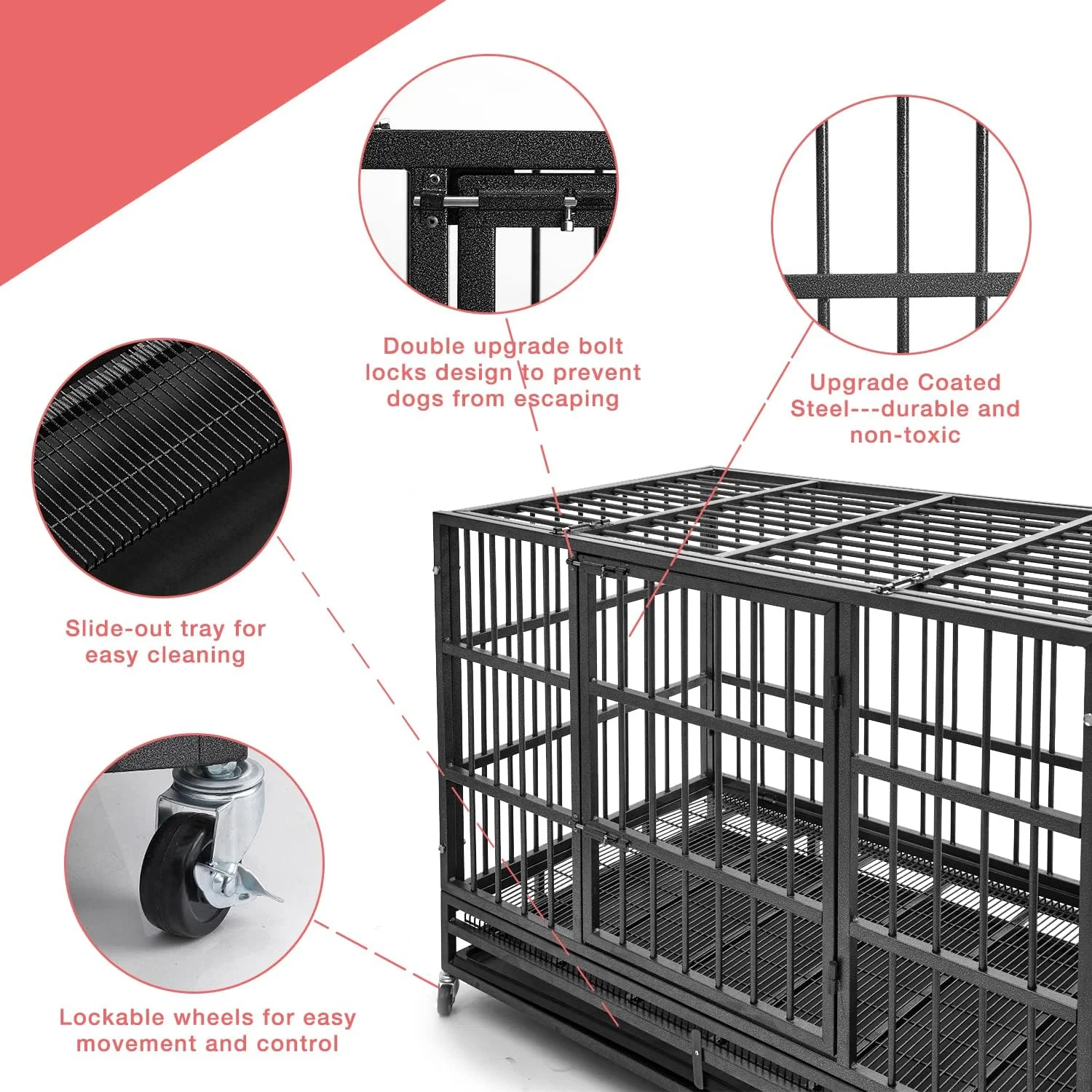 Aixvx 48 inch Heavy Duty Indestructible Dog Crate Steel Escape Proof, Indoor Double Door High Anxiety Cage, Kennel with Wheels, Removable Tray