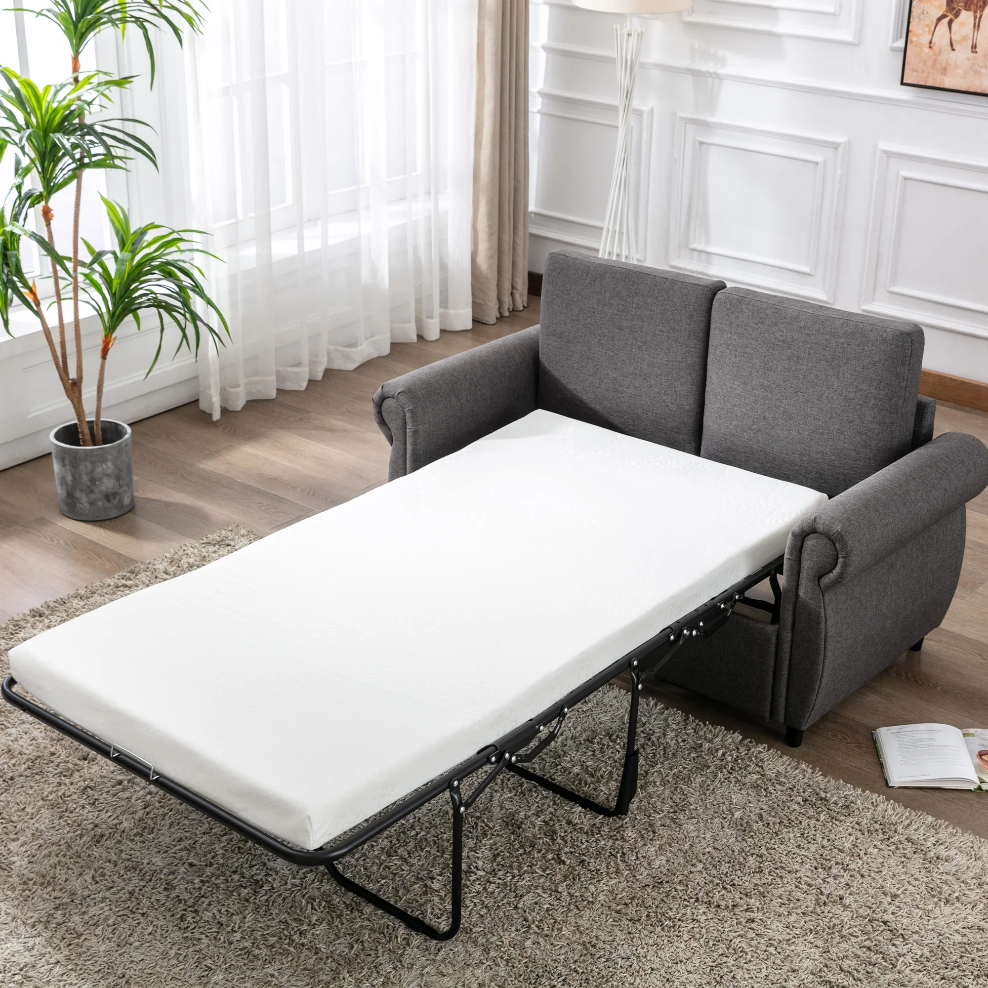 57.5" Orisfur Pull Out Sofa Bed Loveseat Sleeper with Twin Size Memory Mattress for Living Room Spaces, Gray