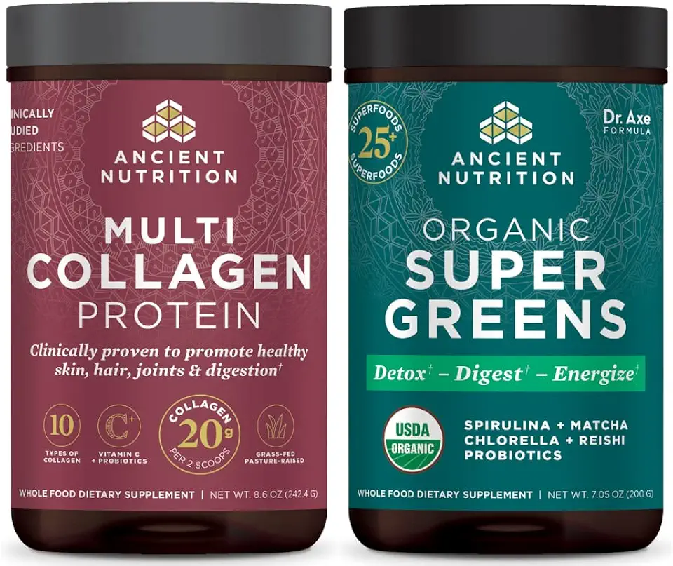 Ancient Nutrition Multi Collagen Protein Powder, Unflavored, 24 Servings + Supergreens Powder, Greens Flavor, 25 Servings - Kansas Nuitrition - HNZSDS