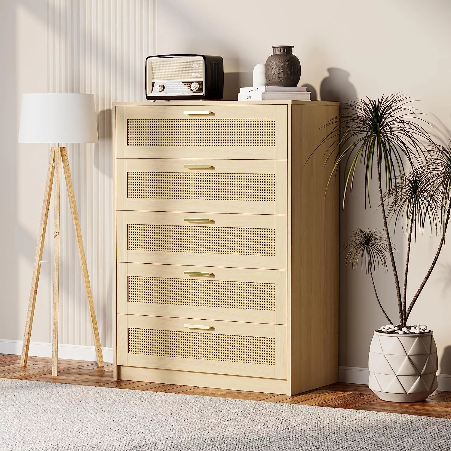 Cozy Castle Rattan 5 Drawer Dresser for Bedroom, Modern Boho Dresser for Bedroom, Wooden Chest of Drawers with Metal Handles, Oak