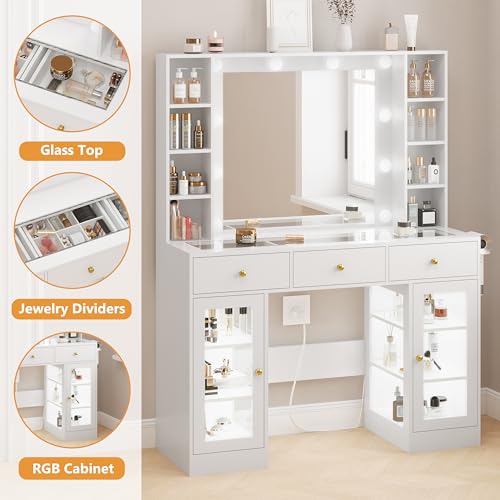 White Vanity Desk with Mirror and Lights, Glass Top Vanity with Lighted Mirror & RGB Glass Cabinet and 3 Drawers
