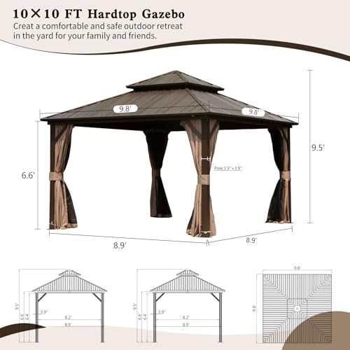 Domi 10' x 10' Hardtop Gazebo Outdoor Metal Gazebo with Galvanized Steel Double Roof Canopy, Curtains and Netting for Patio, Backyard, Deck