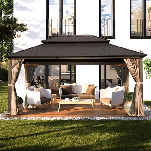 Domi 10' x 10' Hardtop Gazebo Outdoor Metal Gazebo with Galvanized Steel Double Roof Canopy, Curtains and Netting for Patio, Backyard, Deck
