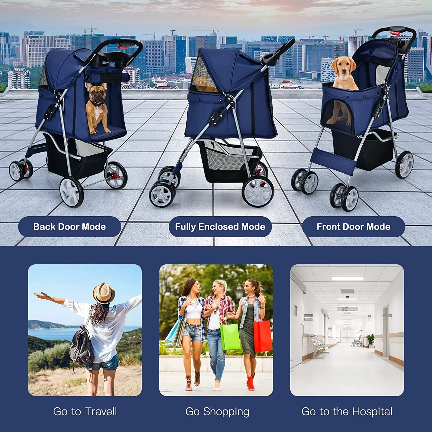 Folding Dog Stroller, Pet Stroller for Small Medium Dogs Cats Puppy, 4 Lockable Wheels Cat Stroller Travel Carrier Strolling Cart with Safety Belt
