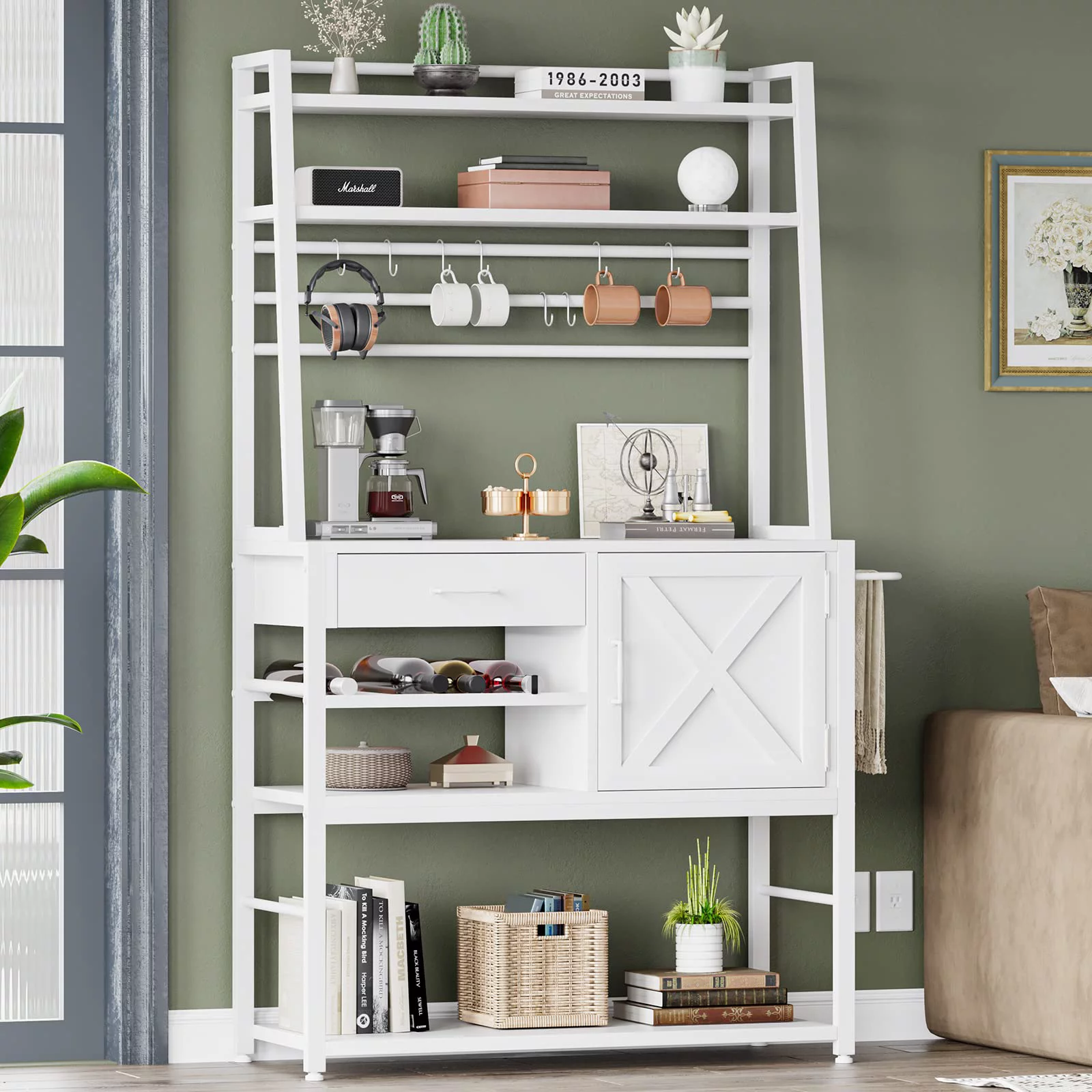 Bakers Racks for Kitchens with Storage, Coffee Bar Cabinet Microwave Stand with Wine Rack, Storage Drawer and 8 Hooks,White