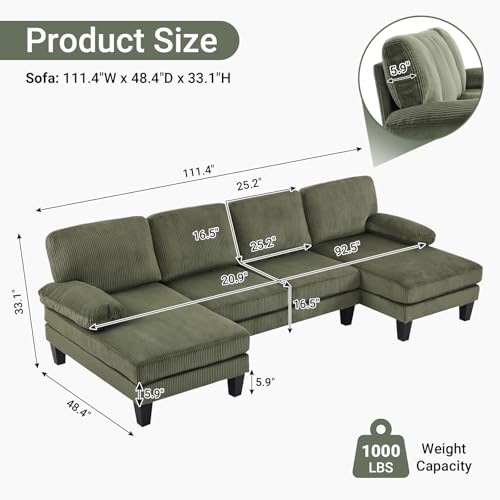 VINGLI 110" Sectional Couches for Living Room,U Shaped Couch with Double Chaise, 4-Seat Sofa Set with Chenille Fabric for Home Furniture,Forest Green