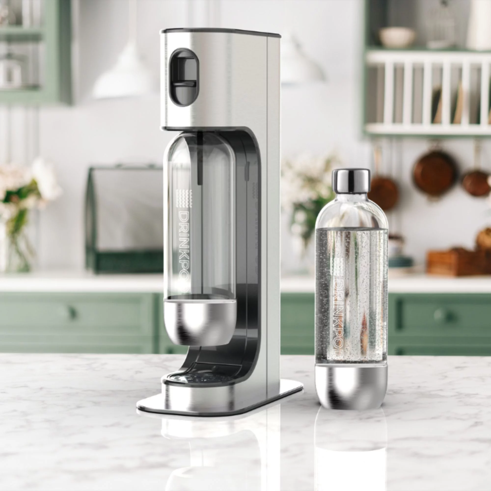 Drinkpod Stainless Steel Premium Sparkling Water Machine | Includes 1 C02 Cylinder & 3 x Bottles | Ultra Fizz Carbonated Machine In Stainless Steel