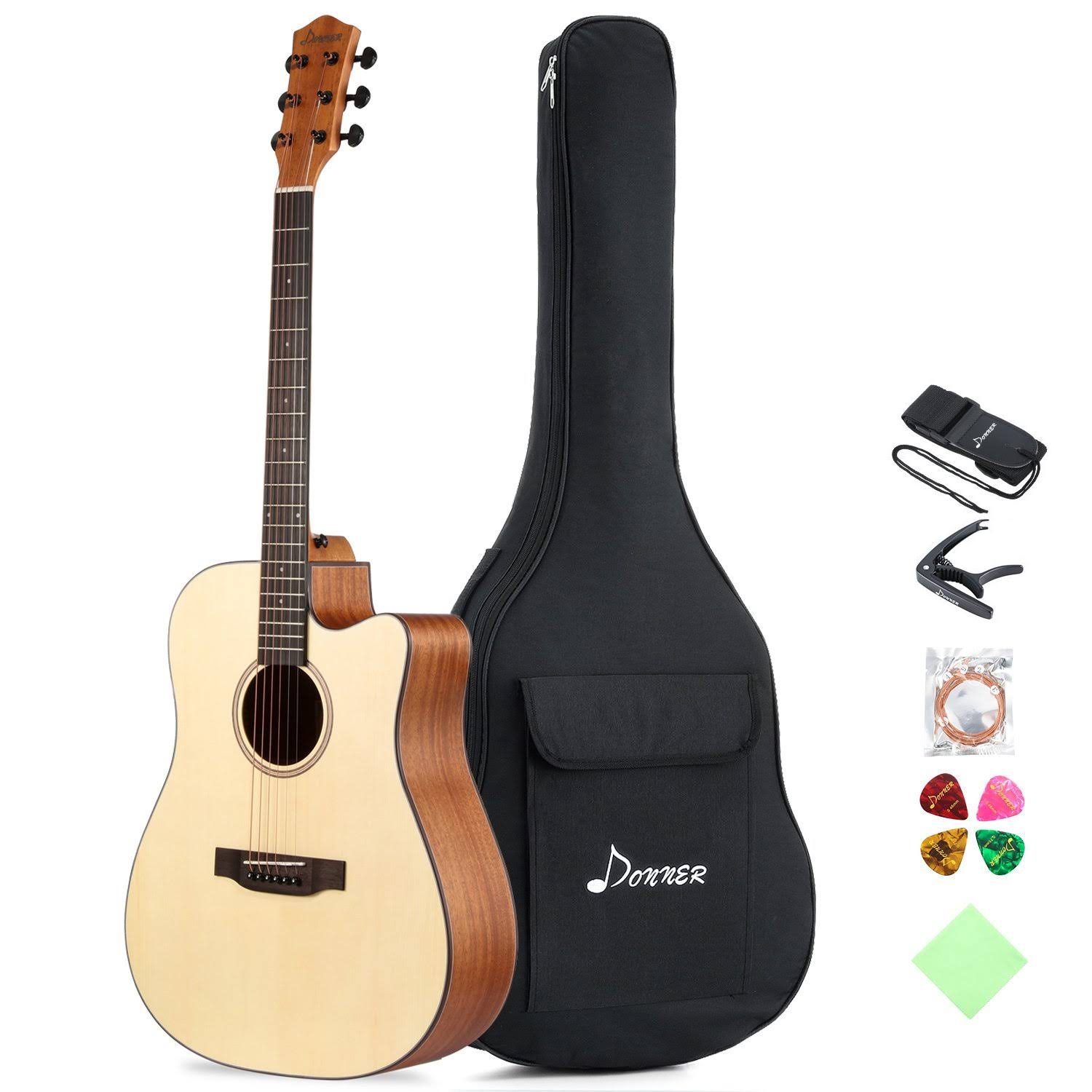 Donner DAG-1C Beginner Acoustic Guitar Full size, 41x22 Cutaway Guitar Bundle with Gig Bag Tuner Capo Picks Strap String
