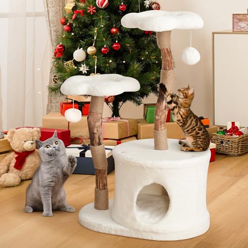 NATURAL EXPRESSIONS Modern Cat Tree and Tower for Indoor, Luxury Solid Wood Condo for Large Cats, Flower Cat Tree with Scratching Post