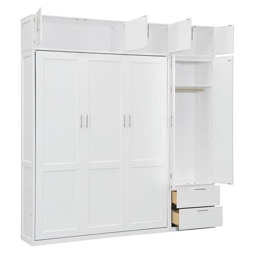 Queen Size Wall Murphy Bed with Desk, Top Cabinet and Storage Shelves, Wood Queen Murphy Hidden Wall Bed for Home Office or Small Room