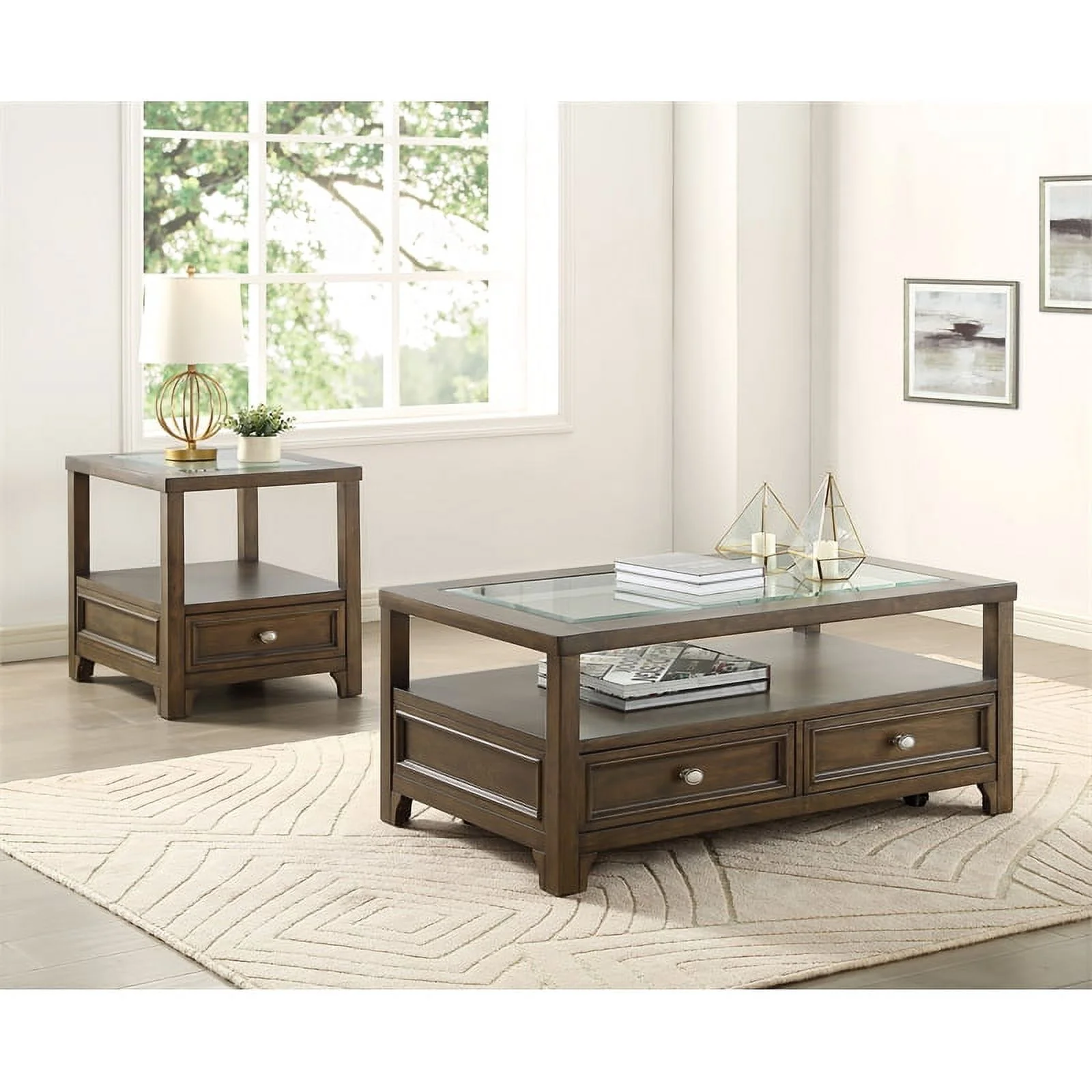 Bowery Hill Wood 2 Drawer Coffee Table in brown Cherry Finish