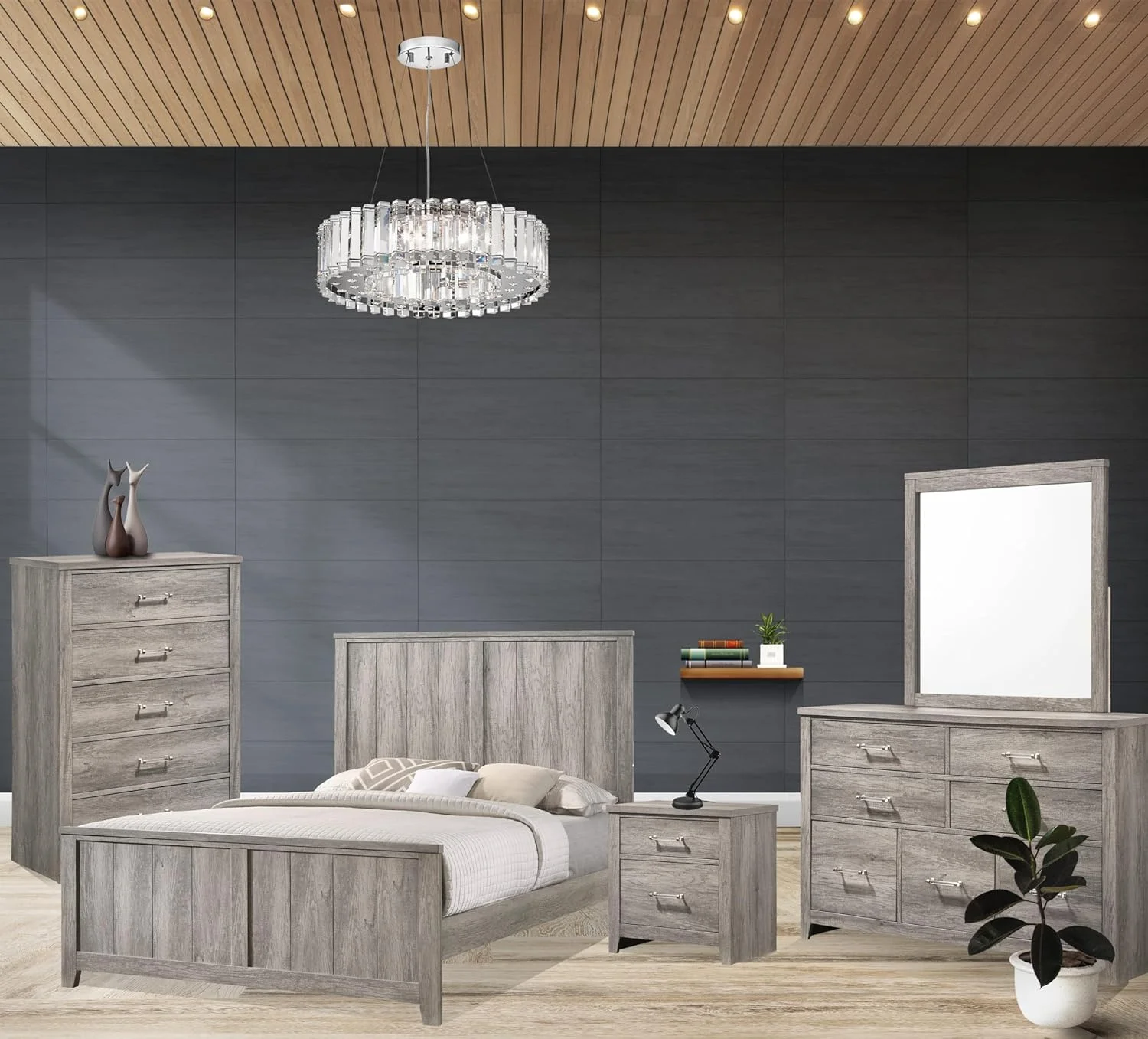 Kings Brand Furniture – Balta 4-Piece Queen Size Gray Bedroom Set. Bed, Dresser, Mirror & Nightstand