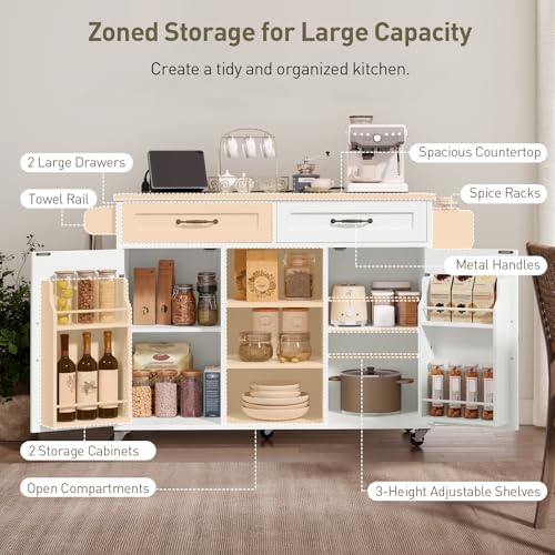 Kitchen Island with Power Outlets & Drop Leaf, Kitchen Cart with Storage, Drawer and Spice Rack, Tower Rack, Island Table, White and Walnut