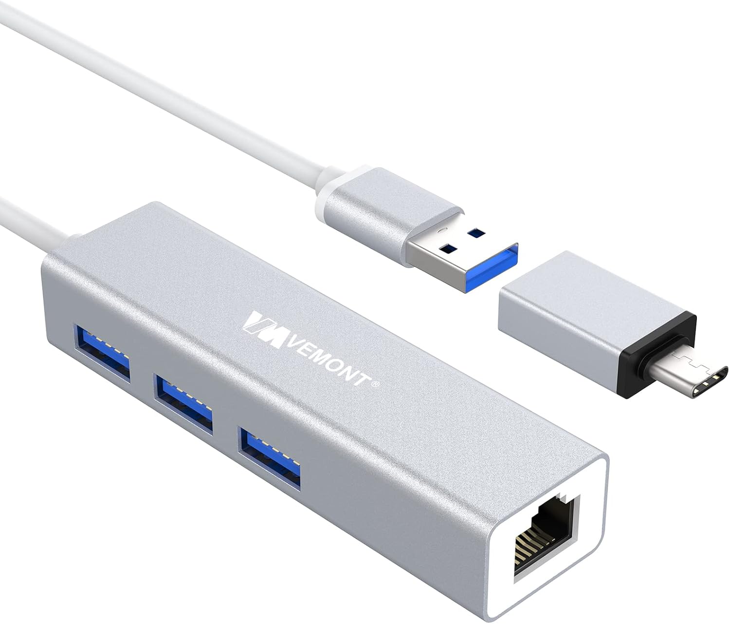 USB Hub 3.0 with Gigabit Ethernet Adapter,VEMONT Aluminum USB 3.0 to 1000M LAN Port & 3 USB 3.0 Ports