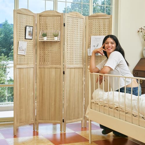 Pegboard Display, 5.6Ft Wooden Room Divider Folding Privacy Screens Portable Freestanding Wall Organizer for Retail Craft Art Display Board (4panels