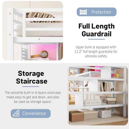 Queen Loft Bed with L-Shaped Desk and Stairs,Metal Queen Size LoftBed with Wardrobe and Adjustable Shelf, Gaming Bed with LED and USB