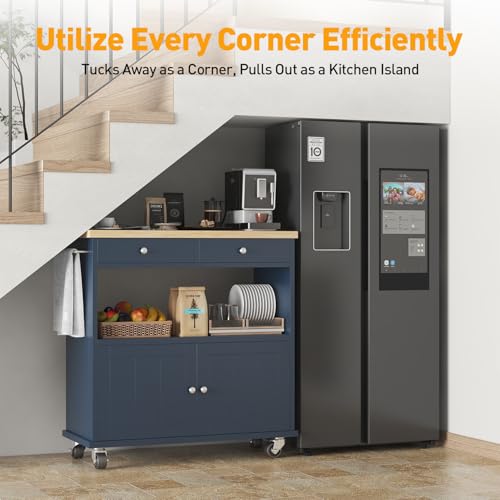 Rolling Kitchen Island with Storage Cabinet, 35.4'' Width Kitchen Cart, 2 Drawers Island Table, Portable Mobile Kitchen Island with Towel Rack