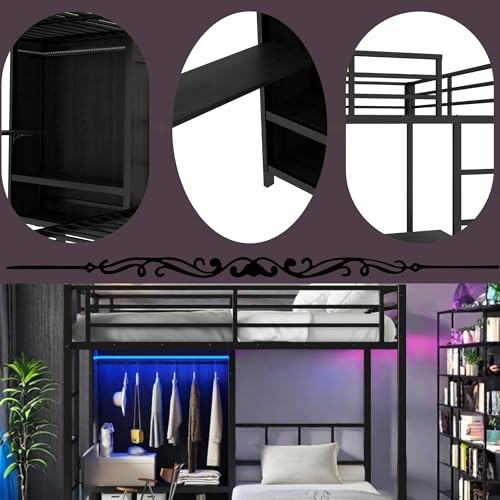 SOFTSEA Metal Bunk Bed with Wardrobe Full XL Over Twin L-Shaped Bunk Beds with Desk and Shelves for Kids Teens