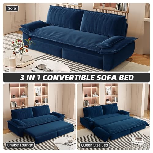 70.1" Futon Sofa Bed Queen Size, Pull Out Bed, 3-in-1 Convertible Sleeper Sofa with 2 Soft Pillows, Modern Velvet Futon Couch for Living Room