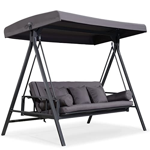 PURPLE LEAF Outdoor Patio Porch Swing with Adjustable PVC Canopy, 3-seat Swing Chair Bench with Side Cup Holder for Backyard Front Porch Lawn