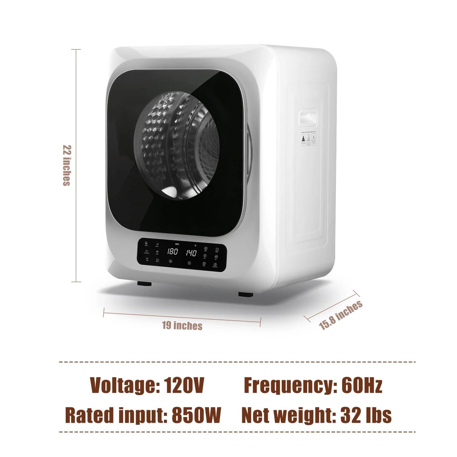 Auertech 850W, 1.6 Cu.ft. Electric Portable Dryer Compact Cloth Dryer, Stainless Steel Tub LCD Panel