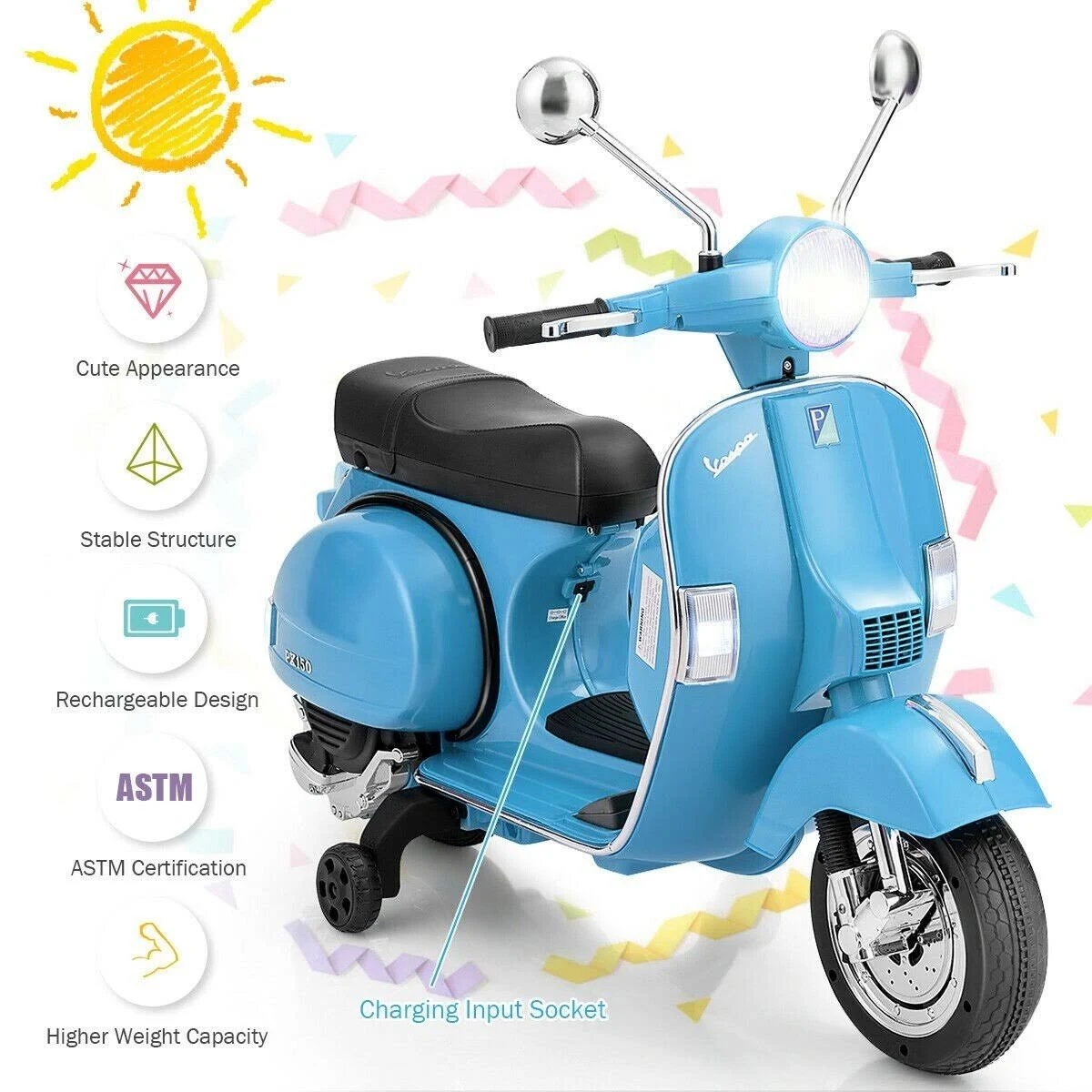 6V Kids Ride on Vespa Scooter Motorcycle with Headlight Blue