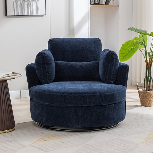 Aoiy & Wifon 42.2" W Oversized Swivel Barrel Chair with Ottoman, Upholstered Round Accent Chair with Storage Ottoman, Chenille, Beige