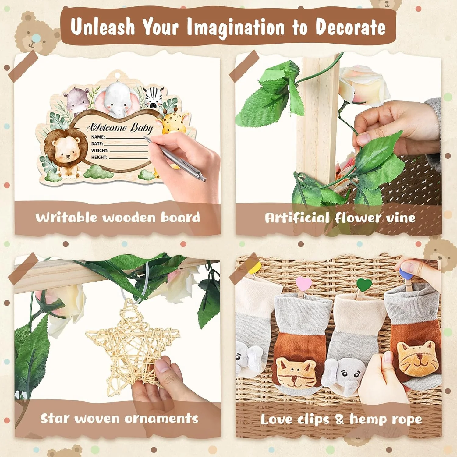 Wooden Baby Shower Crate Closet, Foldable Handwoven Storage Basket for Baby Shower Gifts, Welcome Gift Basket for Newborn Boys Girls